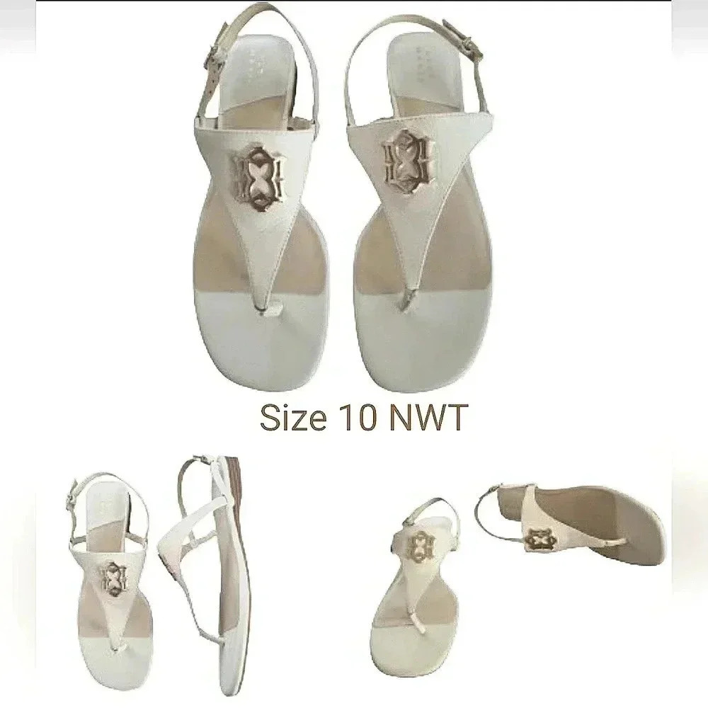Casual 10 Chic Ivory Leather T-Strap Cruisewear Slingback Thong Sandals New